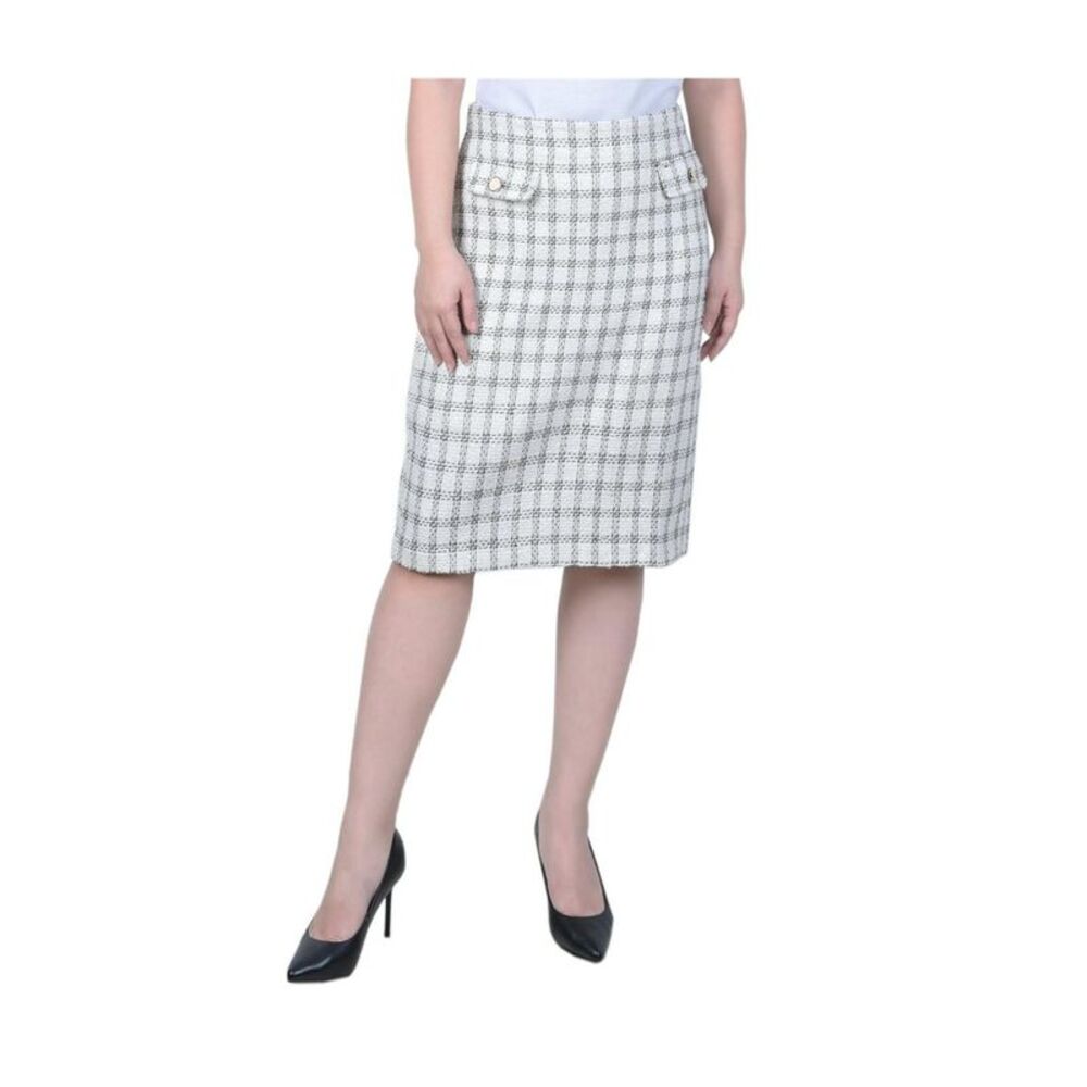 NY Collection Womens Tweed Double Knit Pencil Skirt, White, Petite, PXL, DM